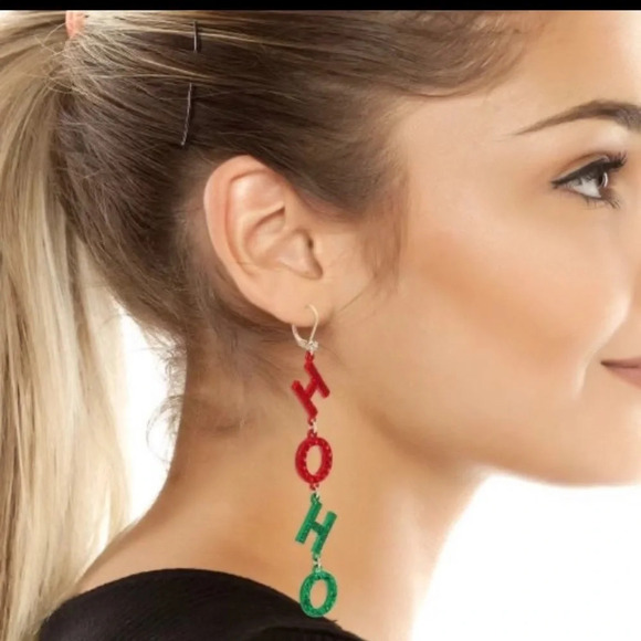BETSEY JOHNSON SET Christmas Holiday Shiny HO HO HO Necklace & Earrings NEW NWT - Picture 9 of 11